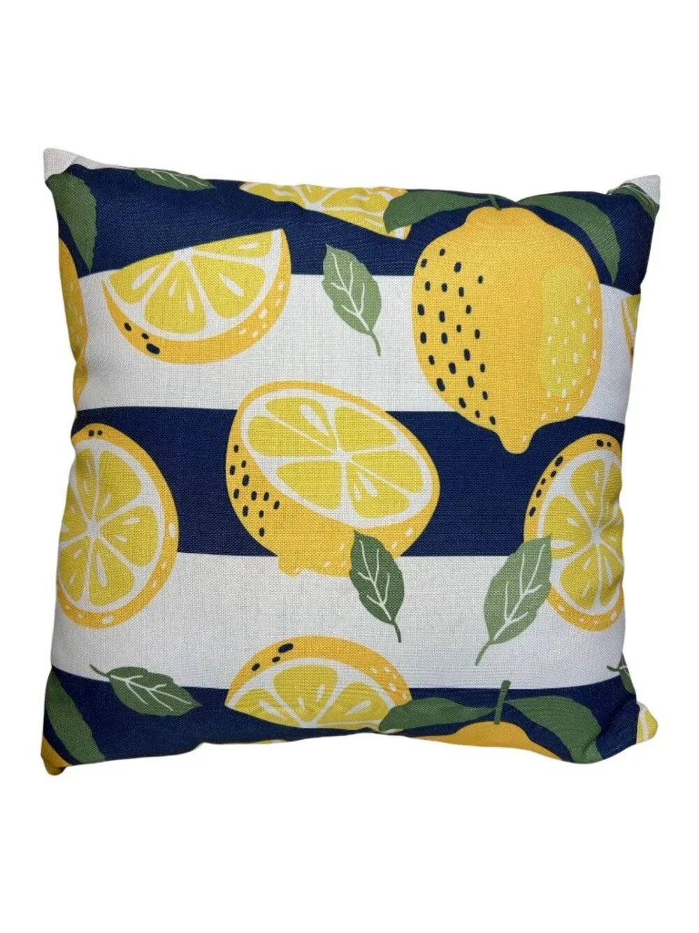 Lemon Print Throw Pillow - Yellow & Green On Navy Stripes - Indoor/Outdoor Decor